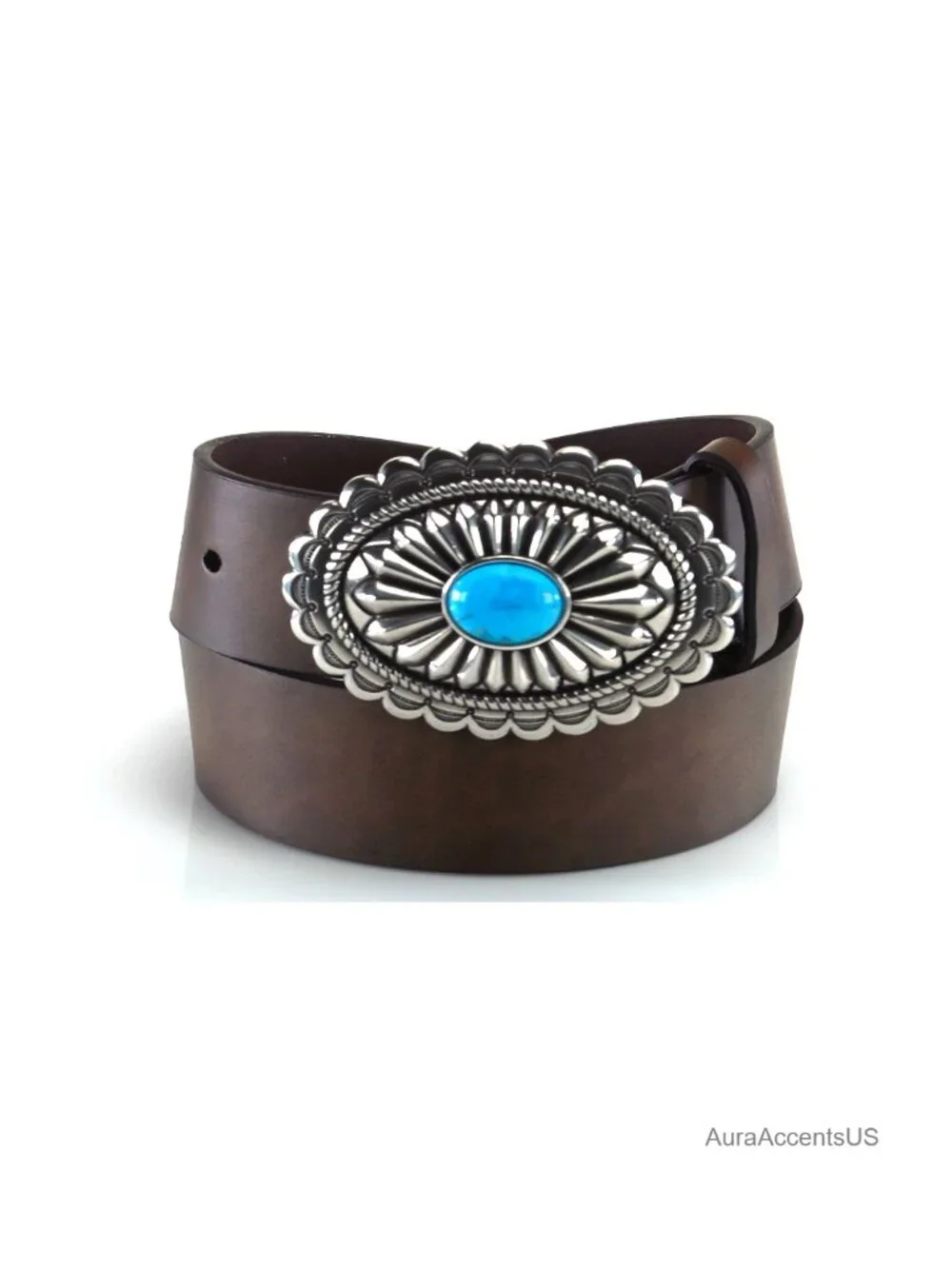 Genuine Leather Western Belt Tooled Silver-Tone Concho Buckle